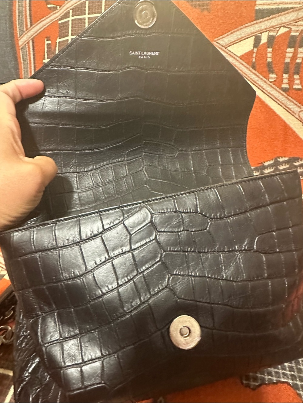 YVES SAINT LAURENT ❤️🌟BLACK CROC-EMBOSSED CALFSKIN LEATHER W/ LONG STRAP⭐️ - Picture 9 of 11